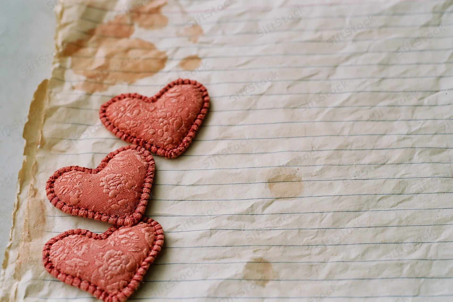 Three small fabric hearts with embossed floral pattern arranged on crumpled lined paper