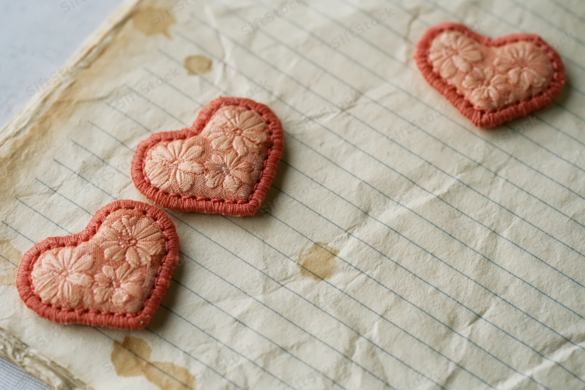 Three embroidered fabric hearts arranged on aged lined paper with stains