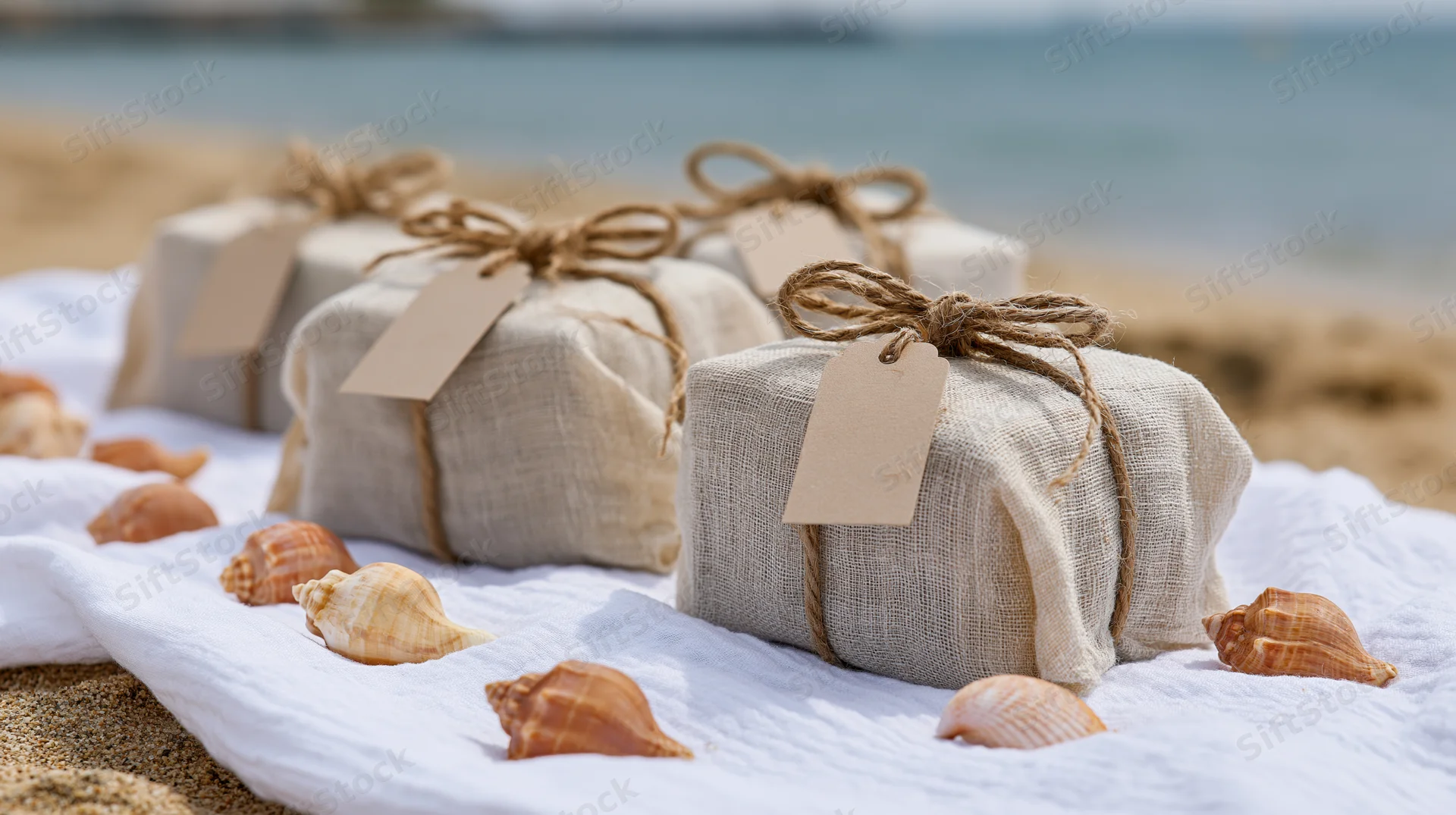 Linen-wrapped gifts tied with twine and tagged, arranged on a white towel with seashells on a sandy beach near the ocean