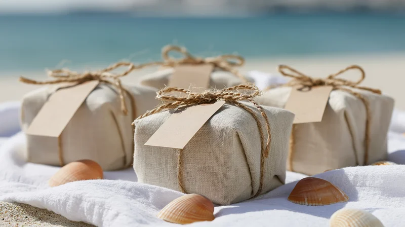 Three linen-wrapped gifts with tags and seashells on a beach towel near the ocean
