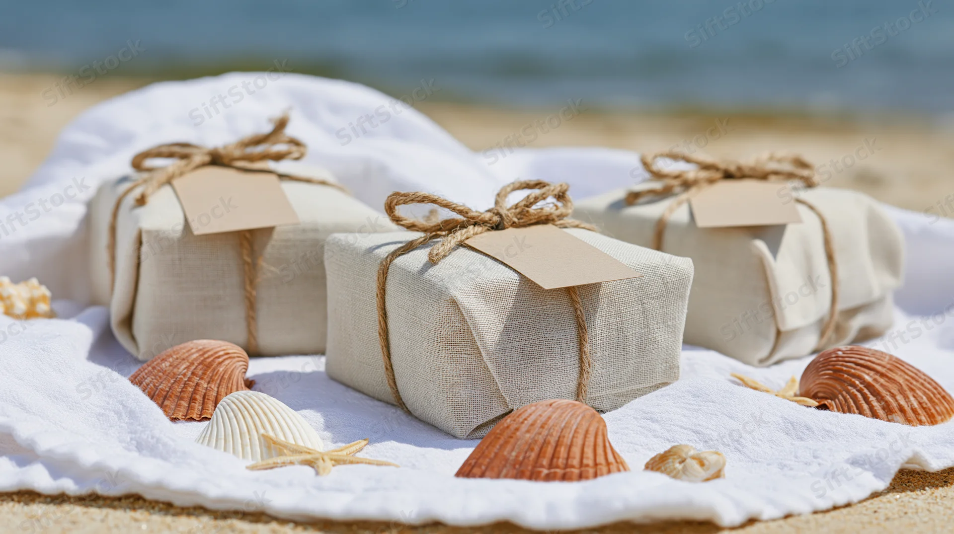 Three linen-wrapped gifts with seashells on a white towel on the beach