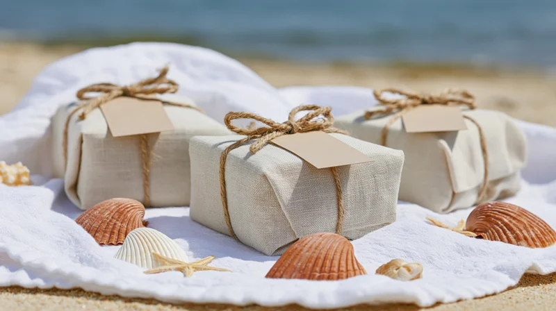 Three linen-wrapped gifts with seashells on a white towel on the beach