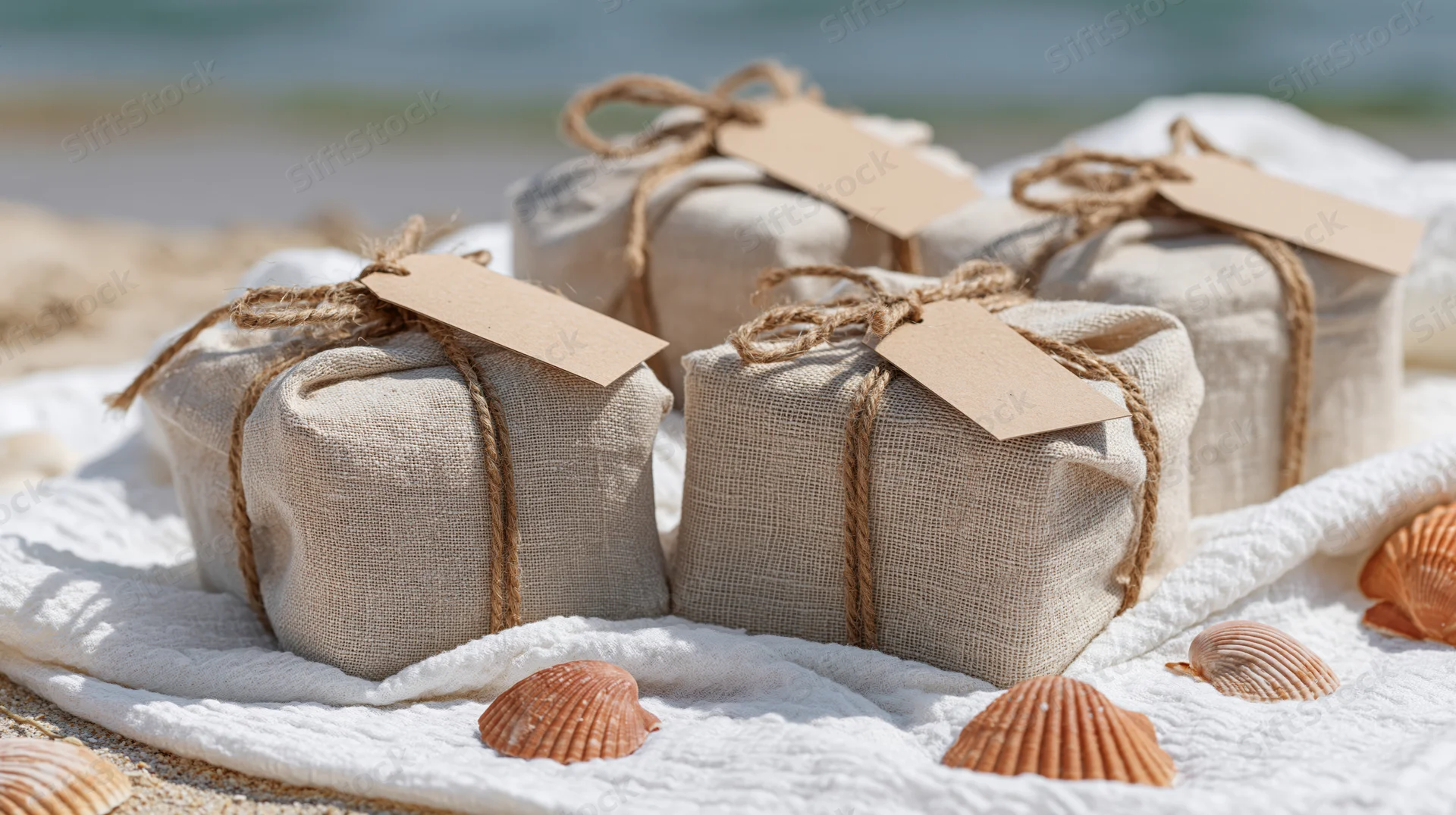 Linen-wrapped gifts tied with twine and tags arranged on a white towel with seashells on a sandy beach near the ocean
