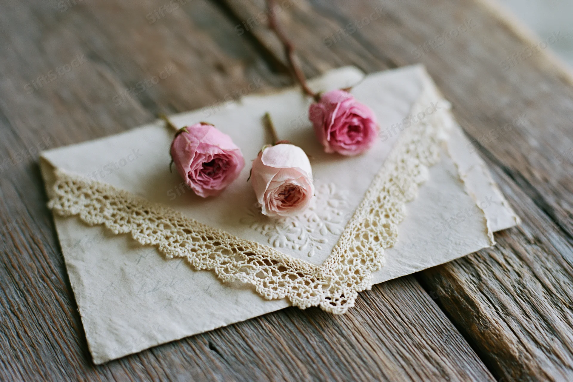 Three small pink roses resting on an open vintage lace-edged envelope on a rustic wooden table