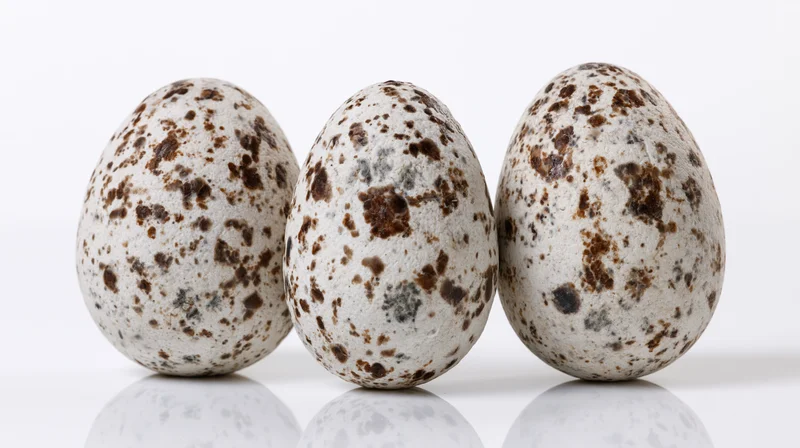 Three speckled bird eggs standing upright in a row on a reflective white surface
