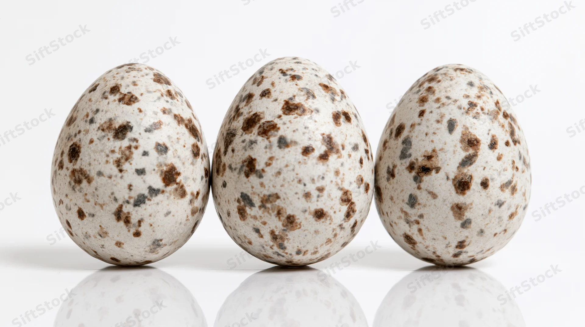 Three speckled bird eggs standing upright in a row on a reflective white surface