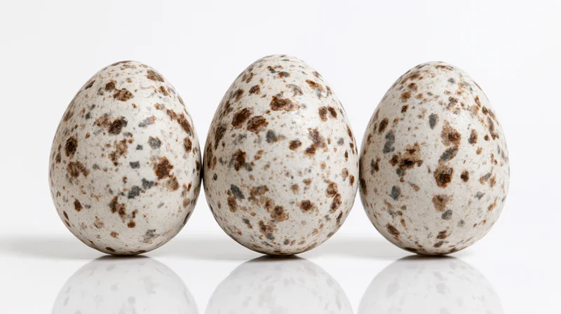 Three speckled bird eggs standing upright in a row on a reflective white surface