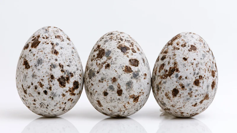 Three speckled wild bird eggs standing upright in a row on a white reflective surface