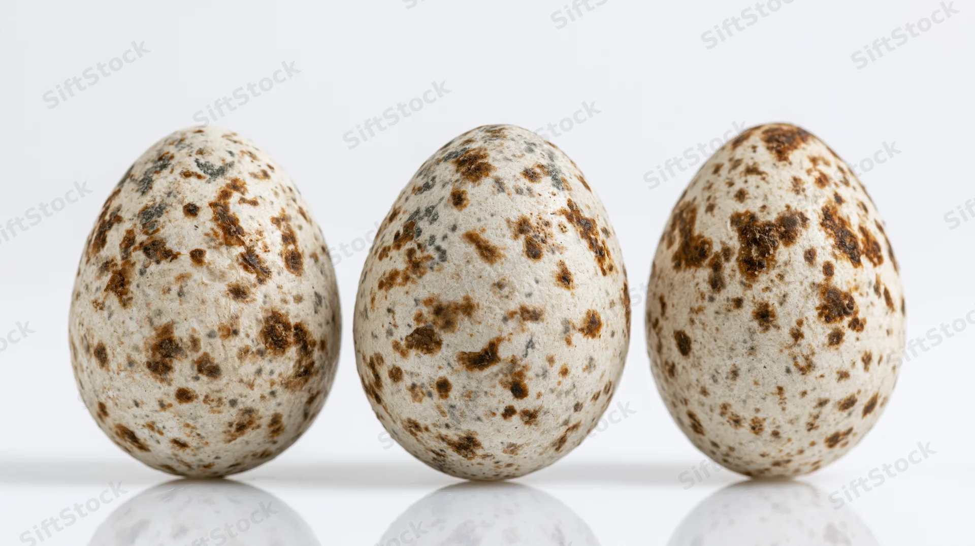 Three speckled bird eggs standing upright in a row on a white reflective surface