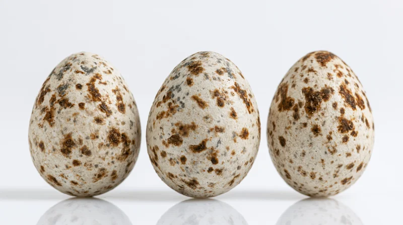 Three speckled bird eggs standing upright in a row on a white reflective surface