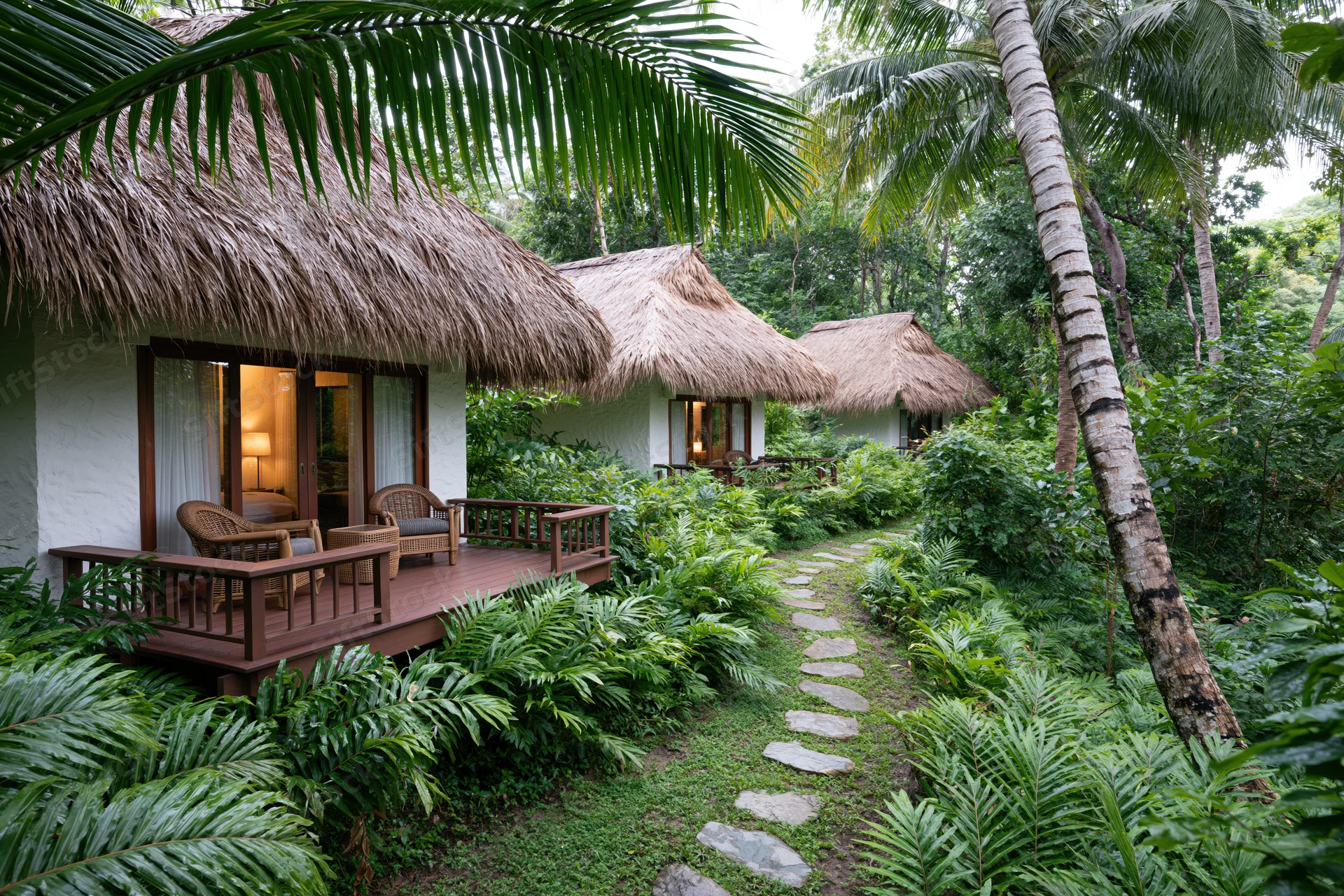 Thatched-roof bungalows with wooden decks and stone path through lush tropical foliage