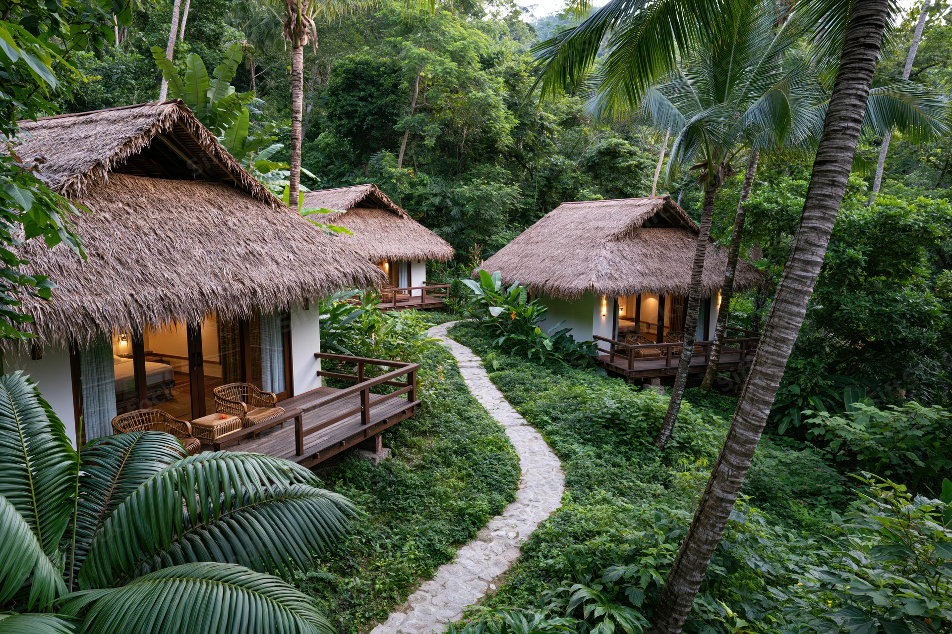 Thatched-roof bungalows nestled in dense tropical jungle with stone pathway and wooden decks