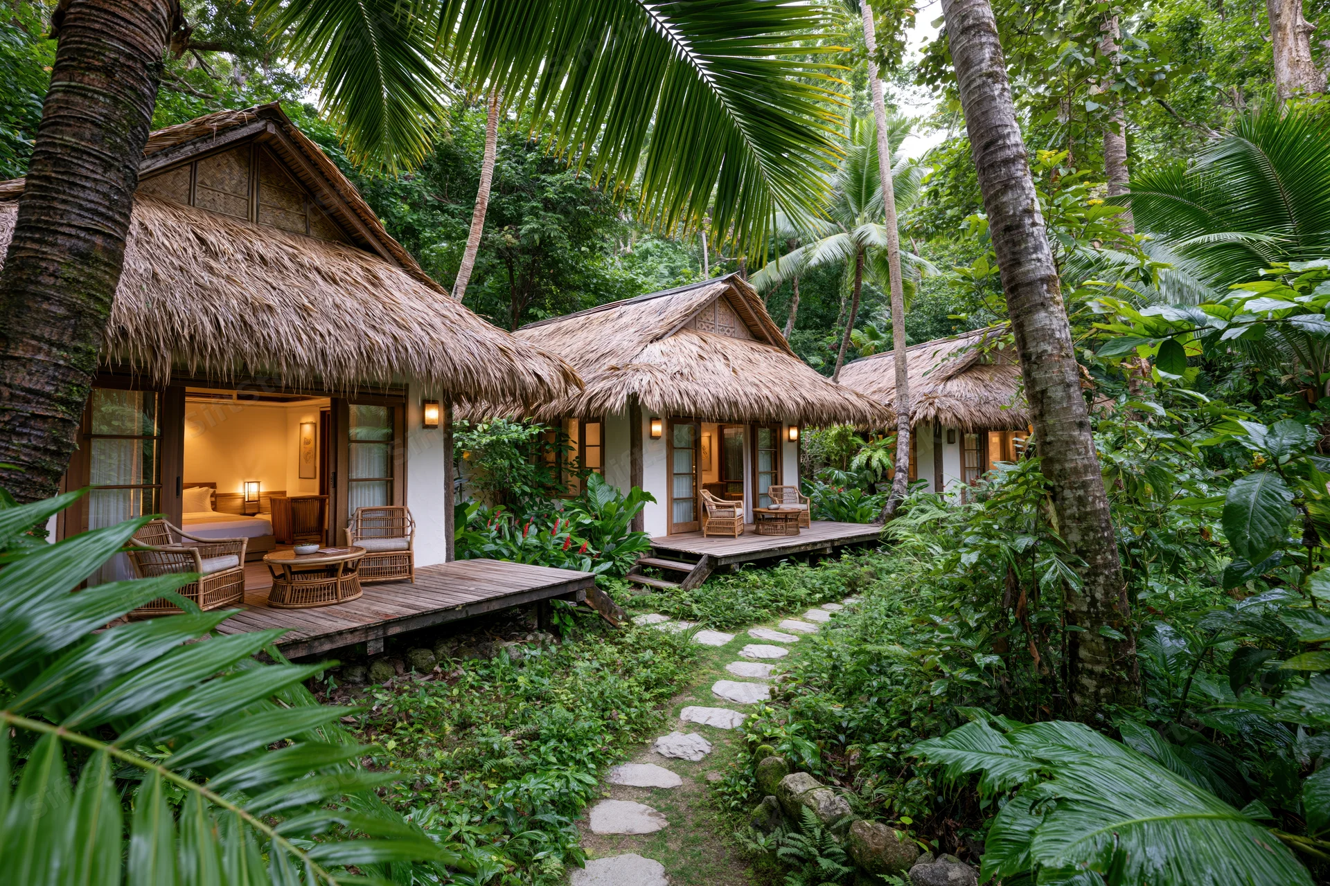 Three thatched-roof bungalows with wooden decks and patio furniture nestled in dense tropical jungle with stone path leading through green foliage