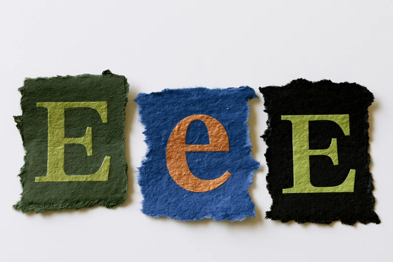 Three torn paper scraps with letters e and E arranged in a row on white background