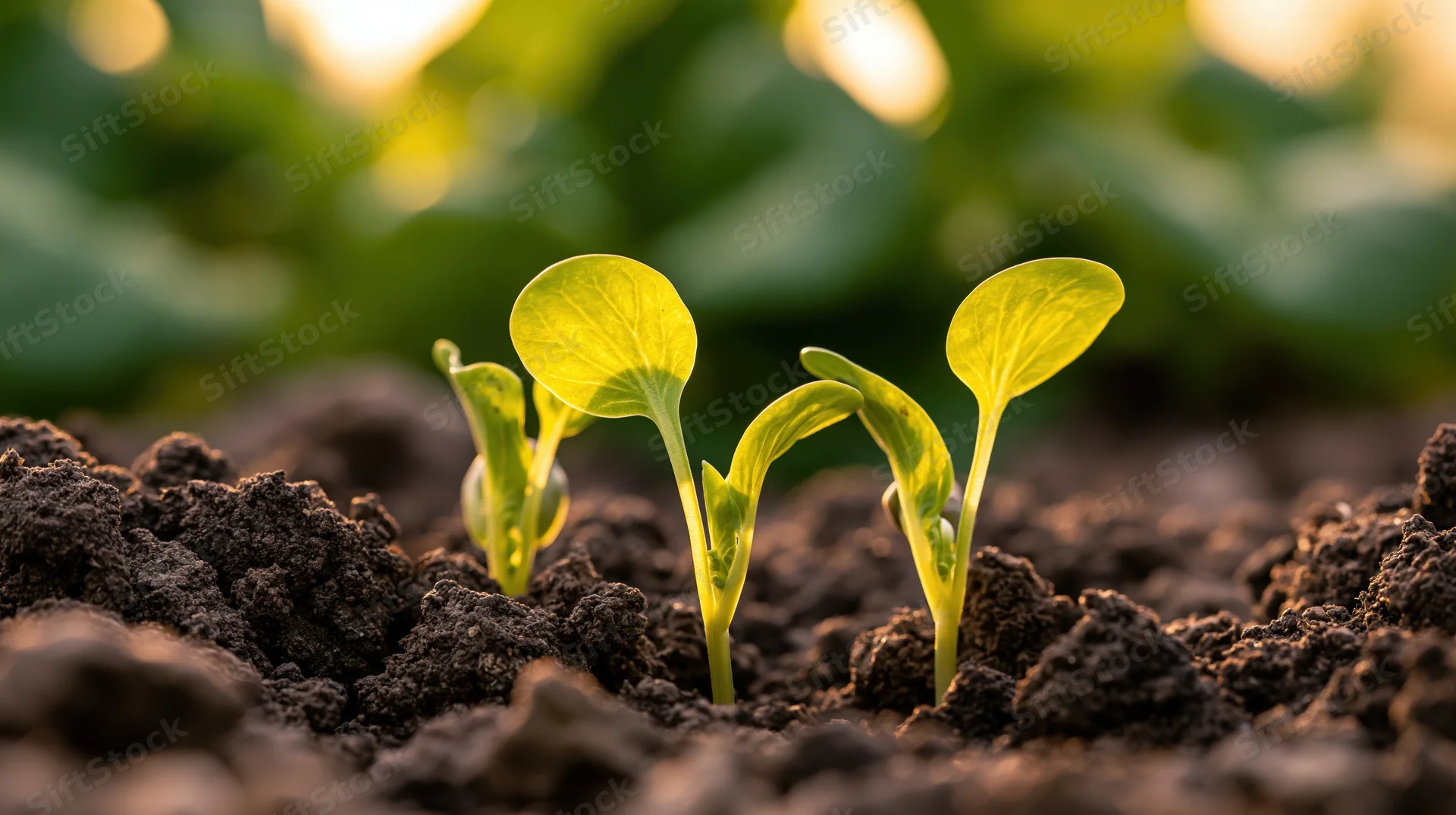 Young seedlings sprouting from dark crumbly soil in a garden setting