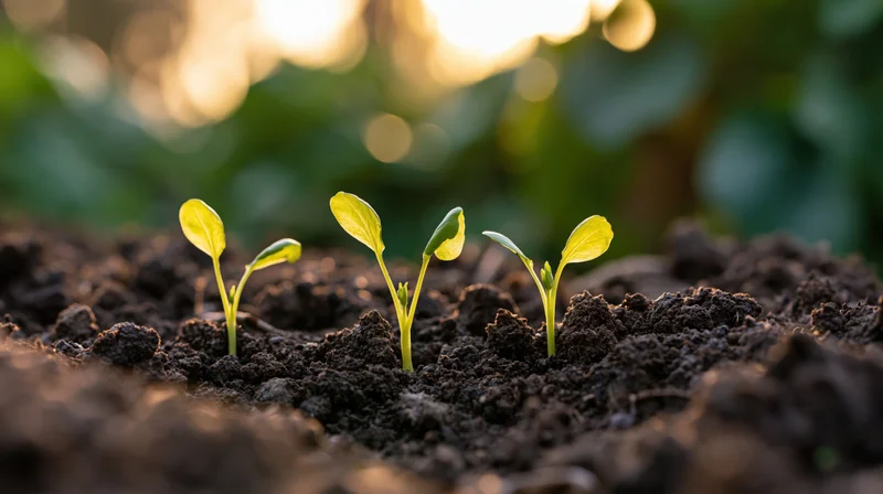 Three young seedlings sprouting from dark crumbly soil in a garden at sunrise