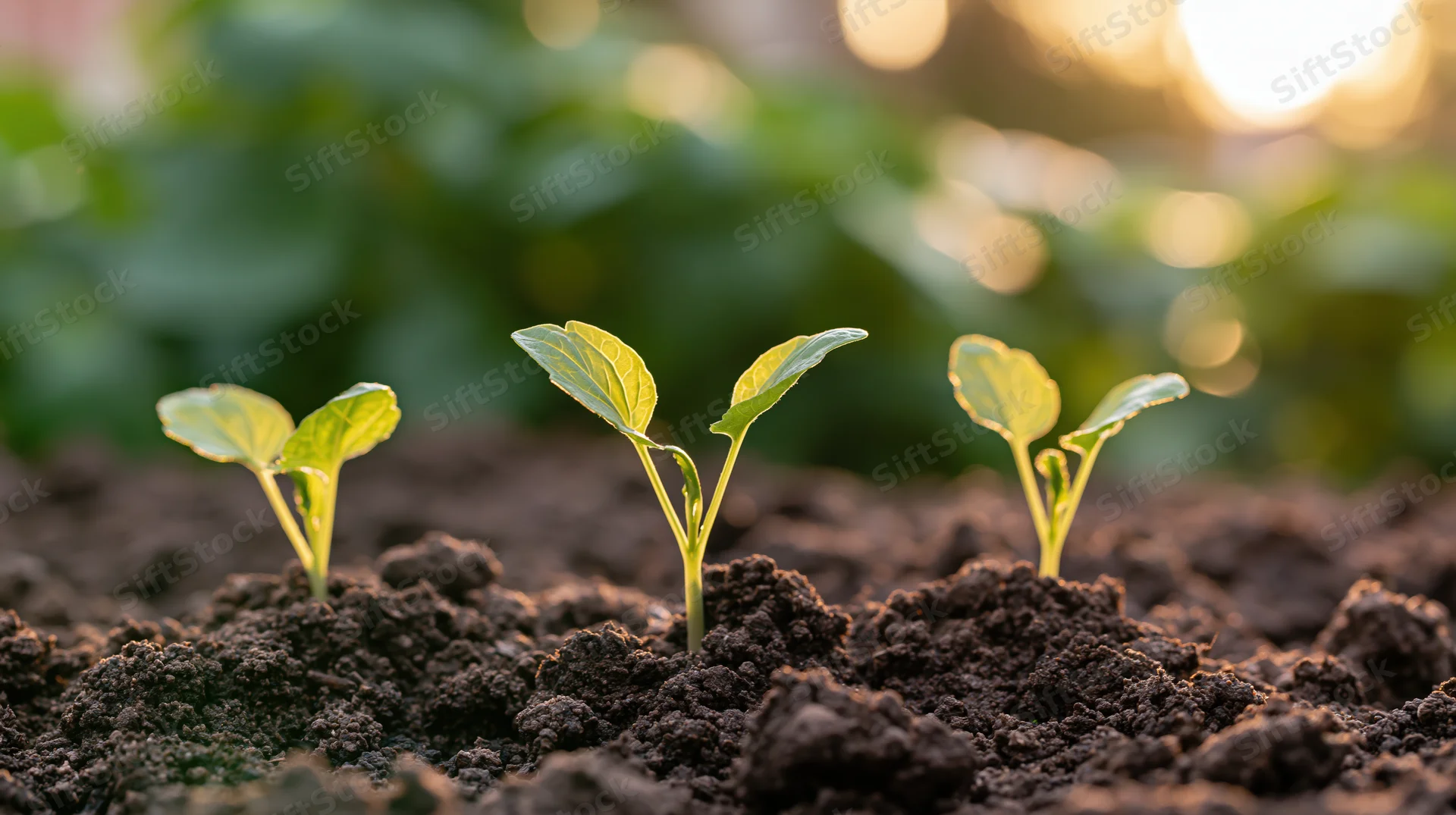 Three young seedlings sprouting from dark crumbly soil in a garden at sunrise