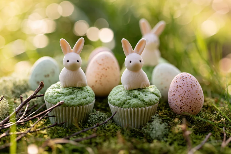 Easter cupcakes topped with ceramic bunny figurines on mossy ground with speckled eggs and twigs