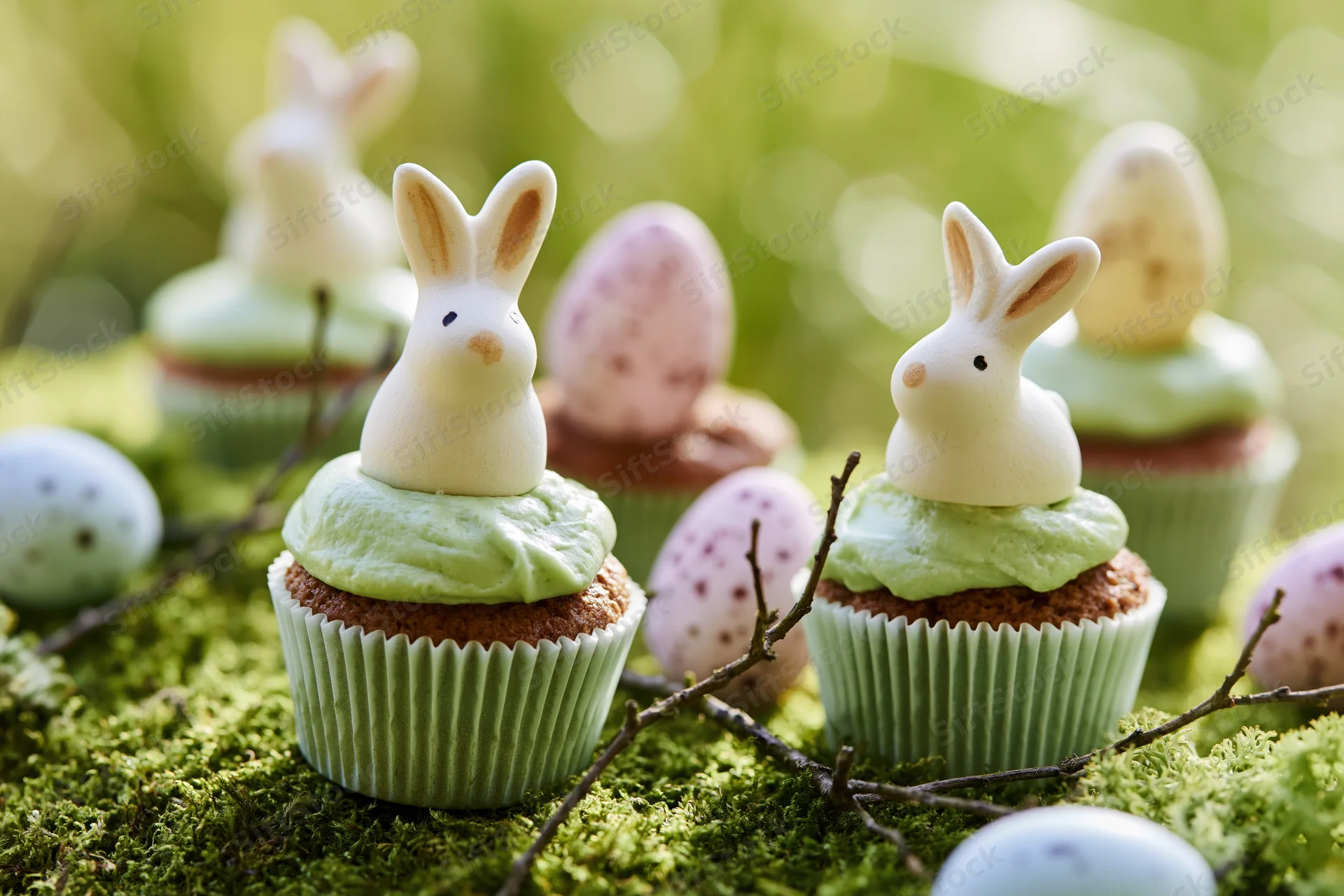 Easter cupcakes topped with ceramic bunny figurines on mossy ground with speckled eggs and branches