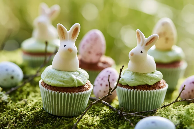 Easter cupcakes topped with ceramic bunny figurines on mossy ground with speckled eggs and branches