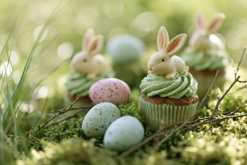 Easter cupcakes topped with ceramic bunny figurines on mossy ground with speckled eggs and twigs