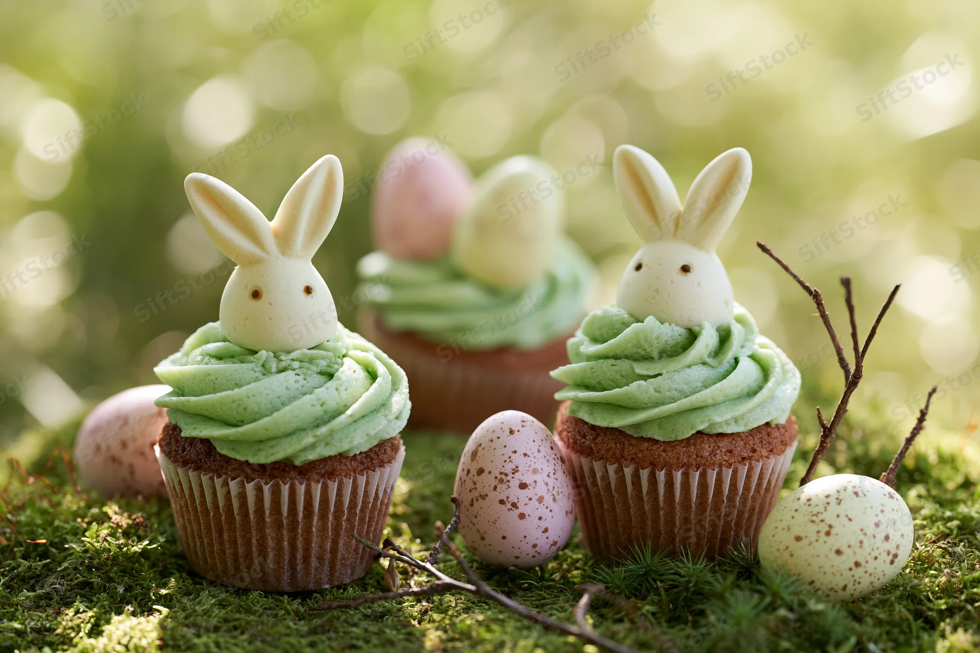Easter cupcakes with ceramic bunny figurines on mossy ground surrounded by speckled eggs