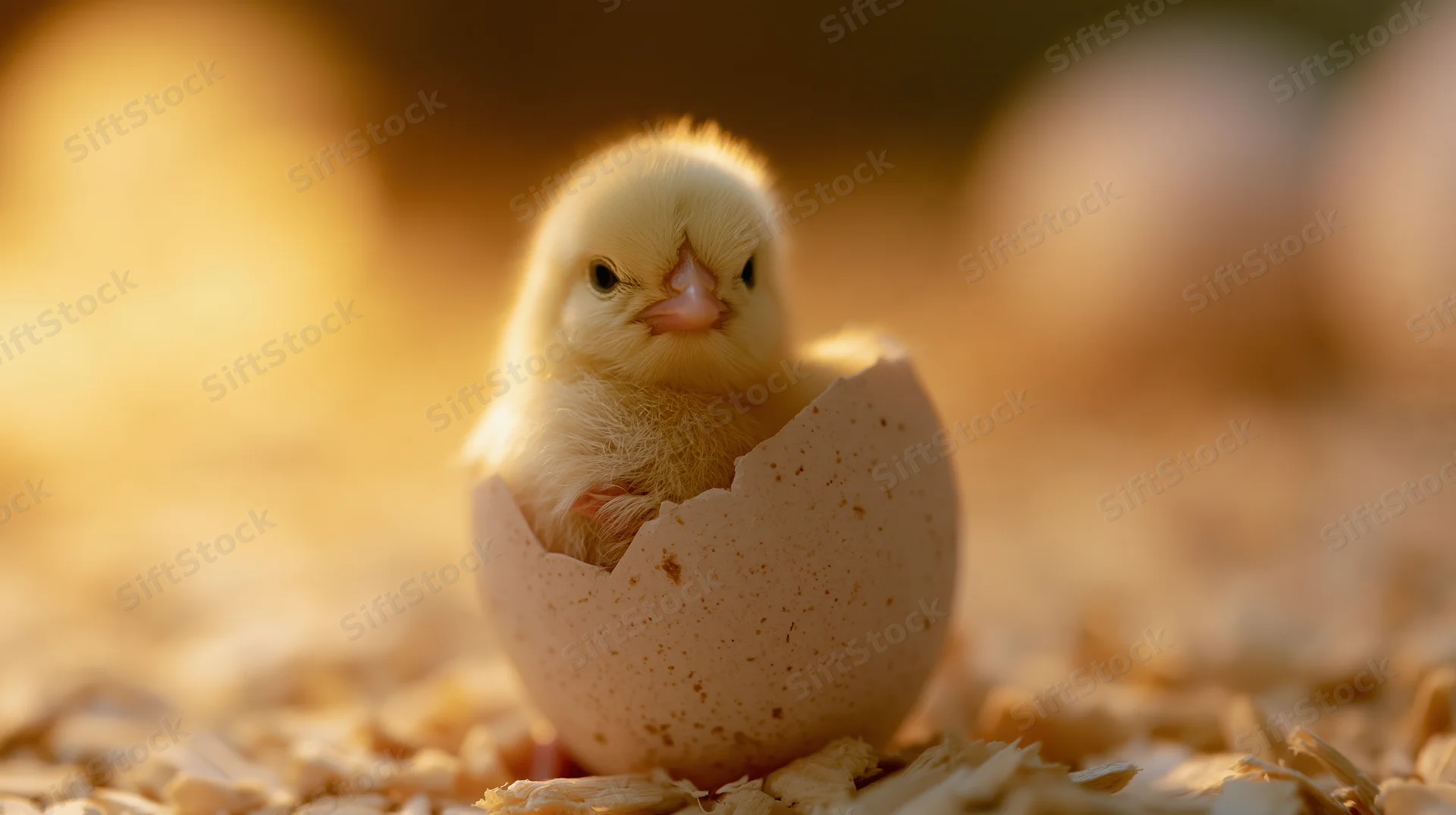 Newborn yellow chick emerging from cracked eggshell on wood shavings
