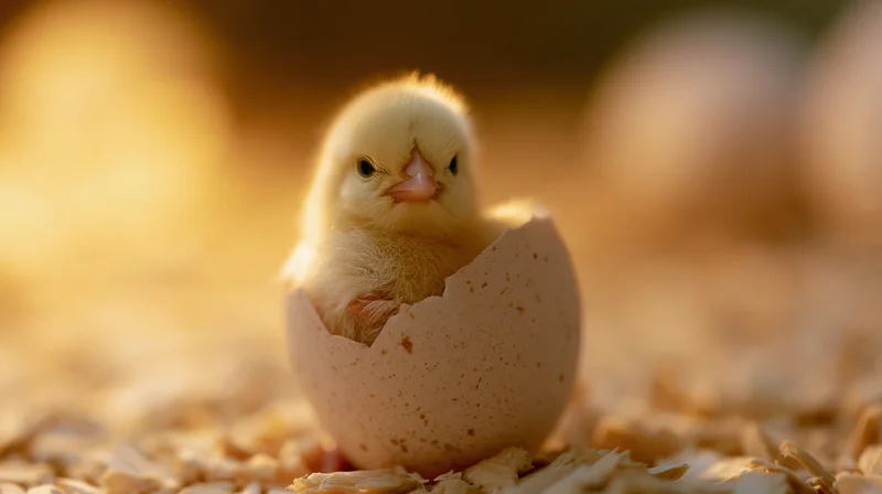Newborn yellow chick emerging from cracked eggshell on wood shavings