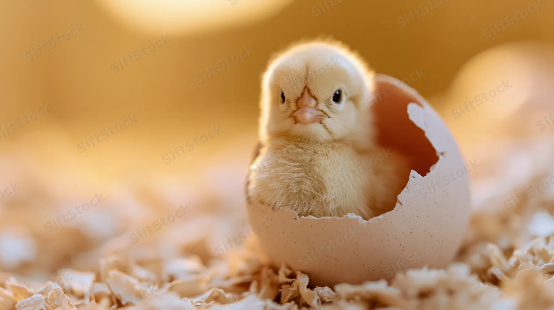 Newborn yellow chick hatching from cracked egg on wood shavings