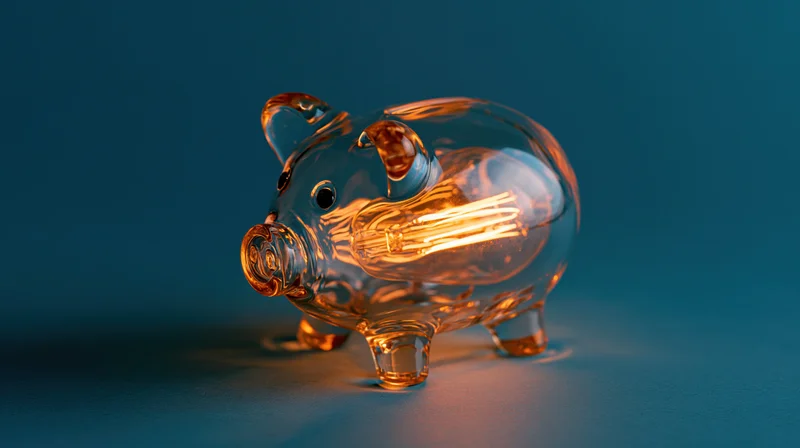 Transparent glass piggy bank containing a glowing incandescent filament bulb on a blue surface