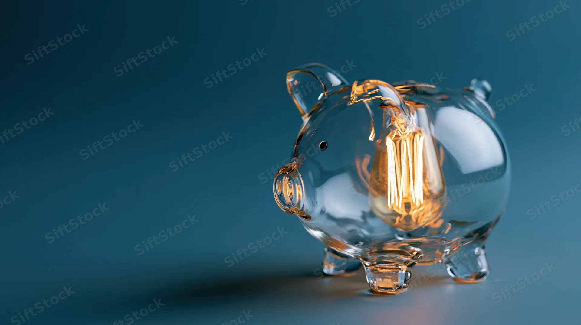 Transparent glass piggy bank containing a glowing incandescent filament bulb on a blue background