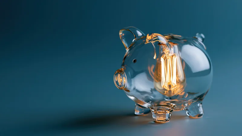 Transparent glass piggy bank containing a glowing incandescent filament bulb on a blue background