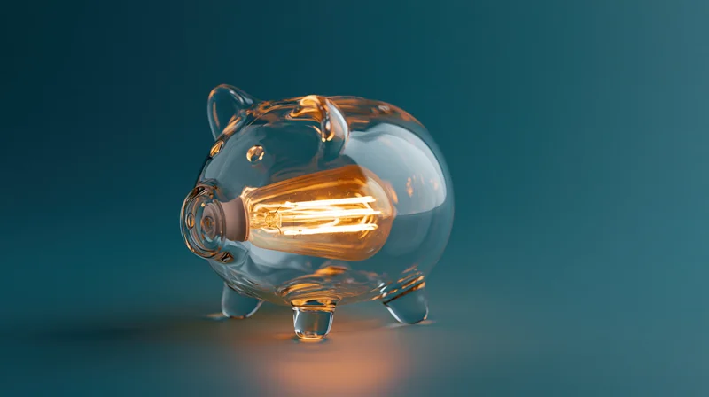 Transparent glass piggy bank containing a glowing incandescent filament bulb on a blue background