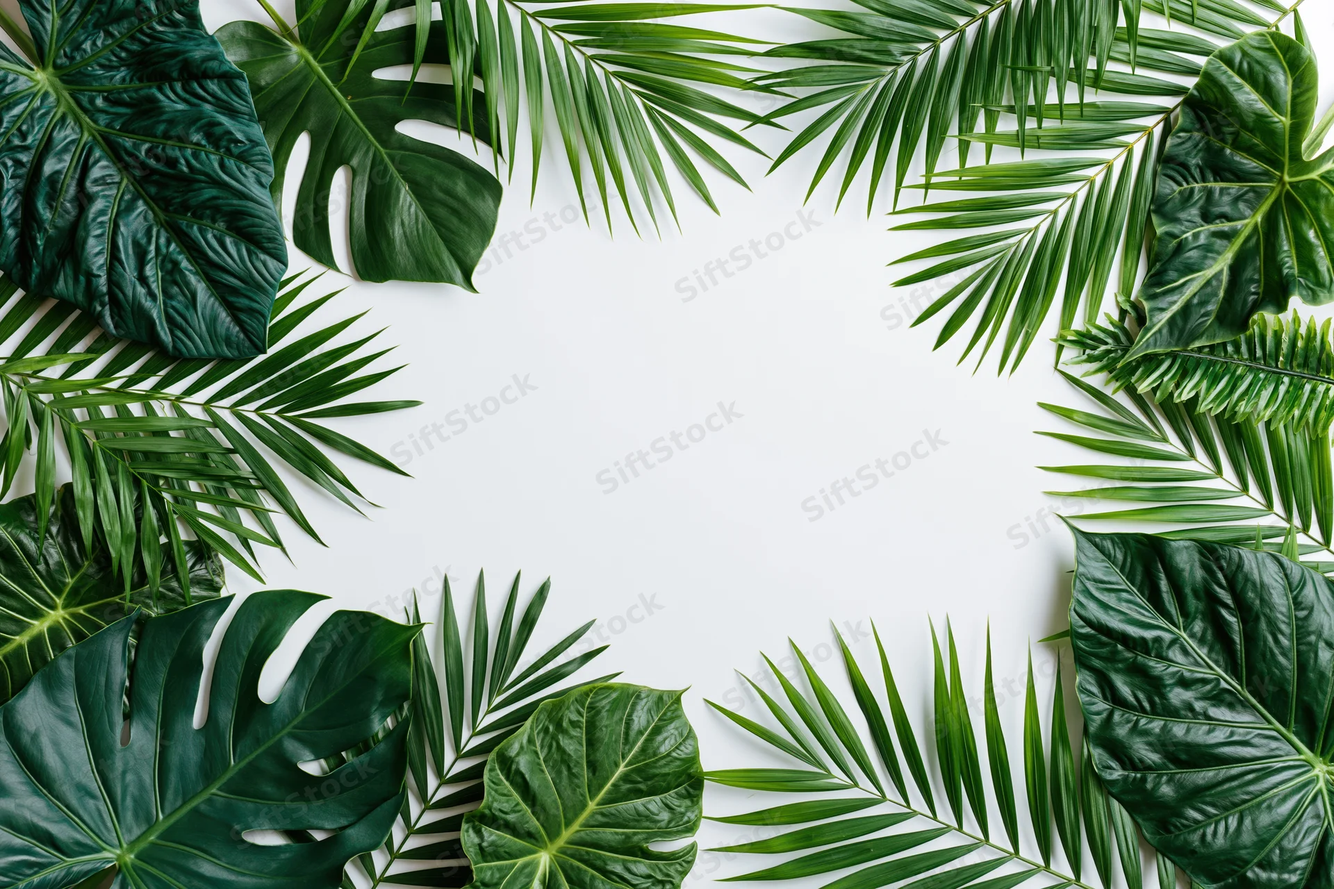 Tropical foliage arranged in a frame around white copyspace on flat surface