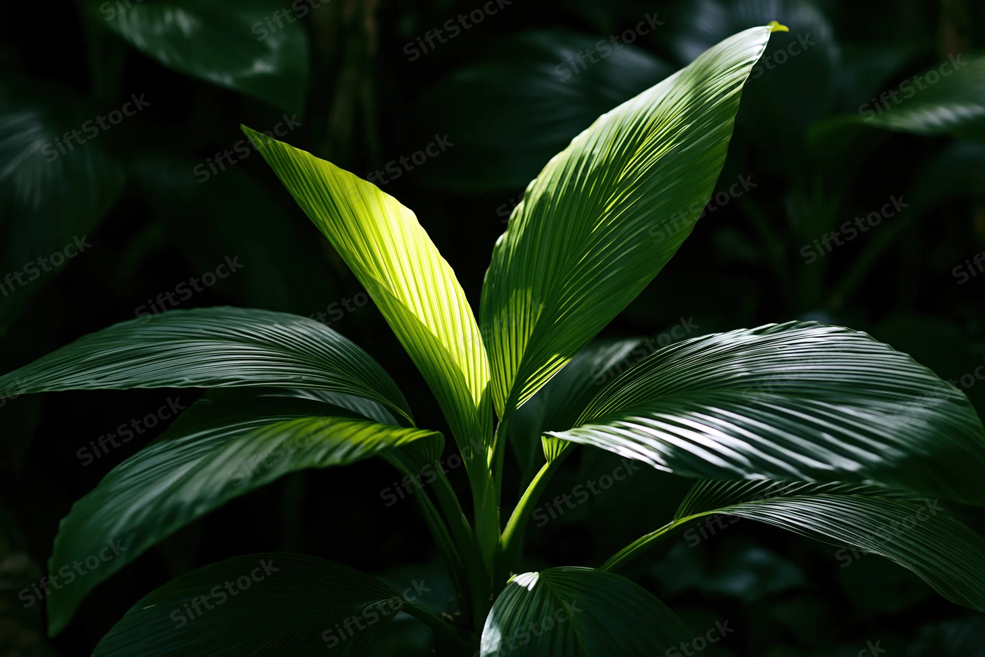 Tropical plant with large ribbed leaves radiating outward in dappled sunlight