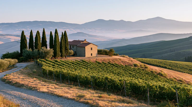 Stone farmhouse on a hillside surrounded by vineyards and cypress trees in tuscany