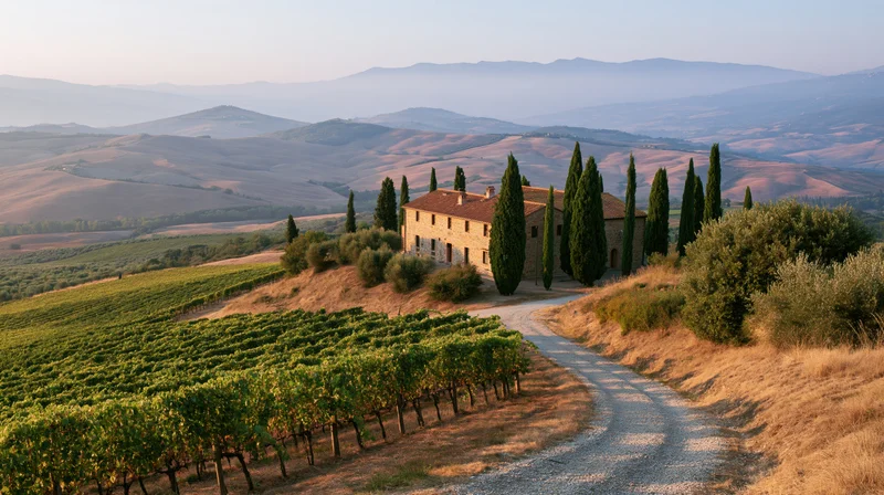 Stone farmhouse on a hillside surrounded by vineyards and cypress trees in tuscany