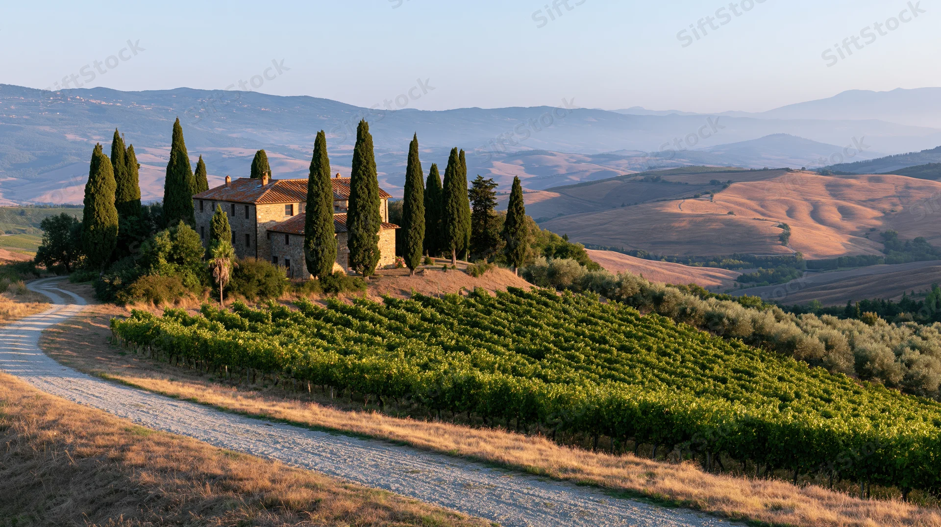 Stone farmhouse on a hillside surrounded by vineyards and cypress trees in tuscany