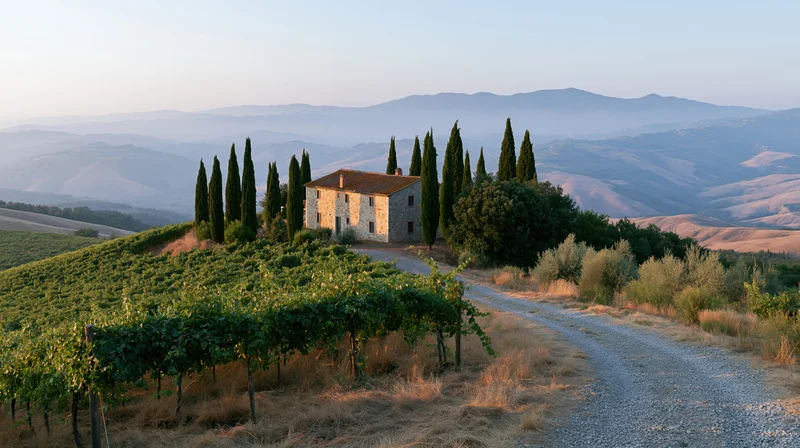 Stone farmhouse on a hillside surrounded by vineyards and cypress trees in the Tuscan countryside