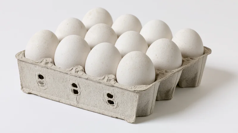 Twelve white eggs arranged in an open gray cardboard carton on a plain white surface