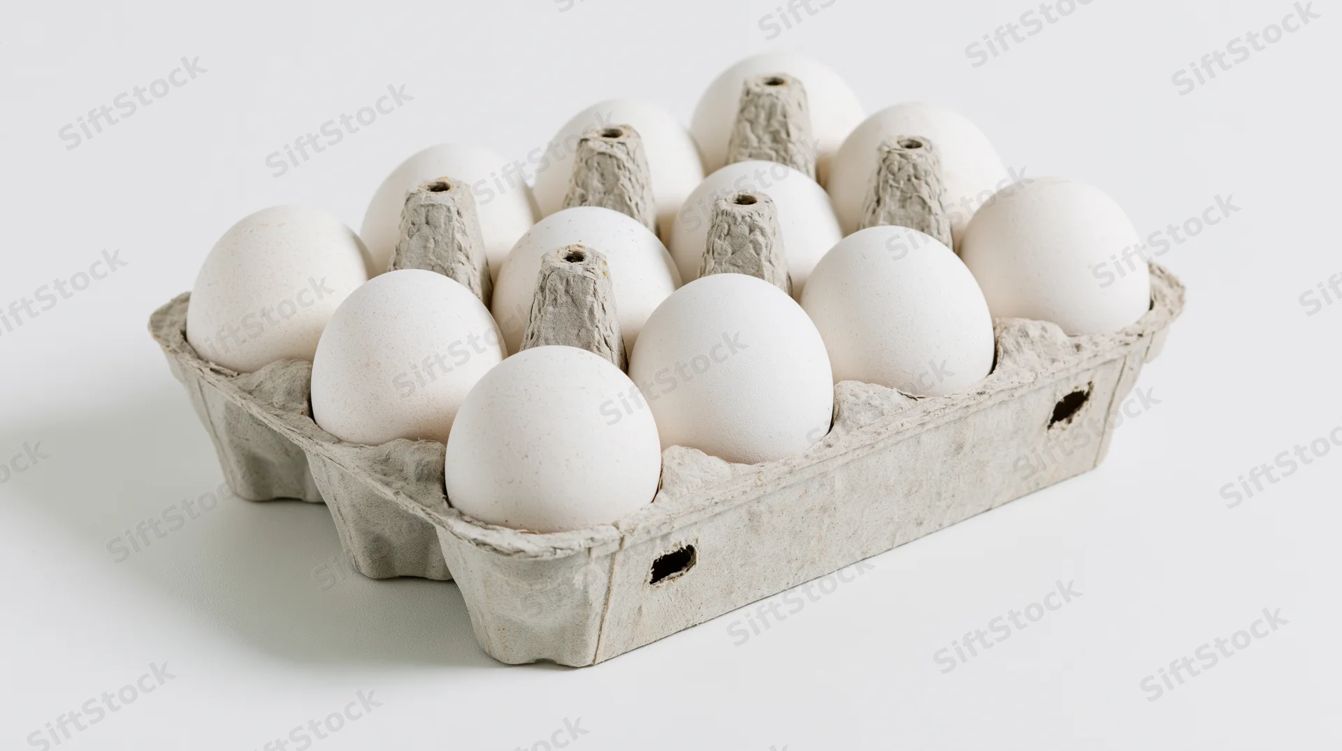 Twelve white eggs arranged in an open gray cardboard carton on a plain white surface