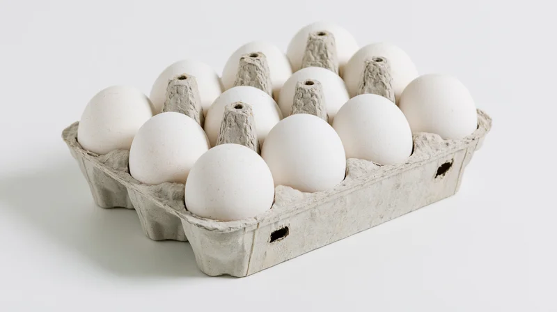 Twelve white eggs arranged in an open gray cardboard carton on a plain white surface