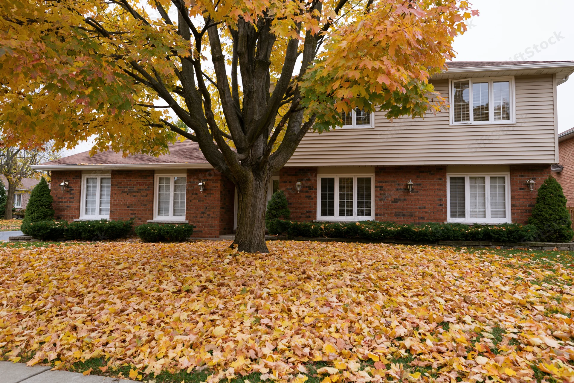 Two-story suburban house with brick base and beige siding, front yard covered in fallen autumn leaves under a maple tree