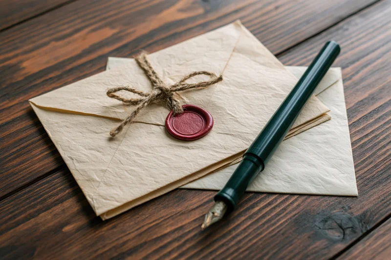 Two aged cream envelopes with red wax seal and twine bow, a green fountain pen resting on dark wooden table