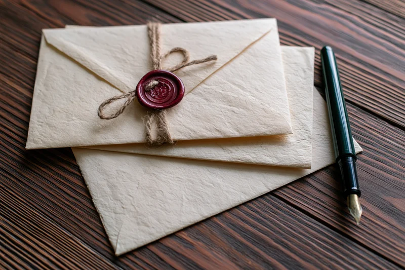 Two cream-colored envelopes with wax seal and twine on dark wooden desk beside a fountain pen