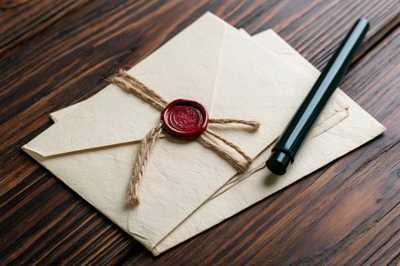 Two cream-colored vintage envelopes sealed with red wax and twine on dark wooden table with green pen beside them