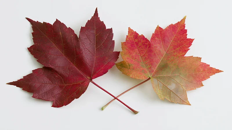Two autumn maple leaves lying side by side on a white background