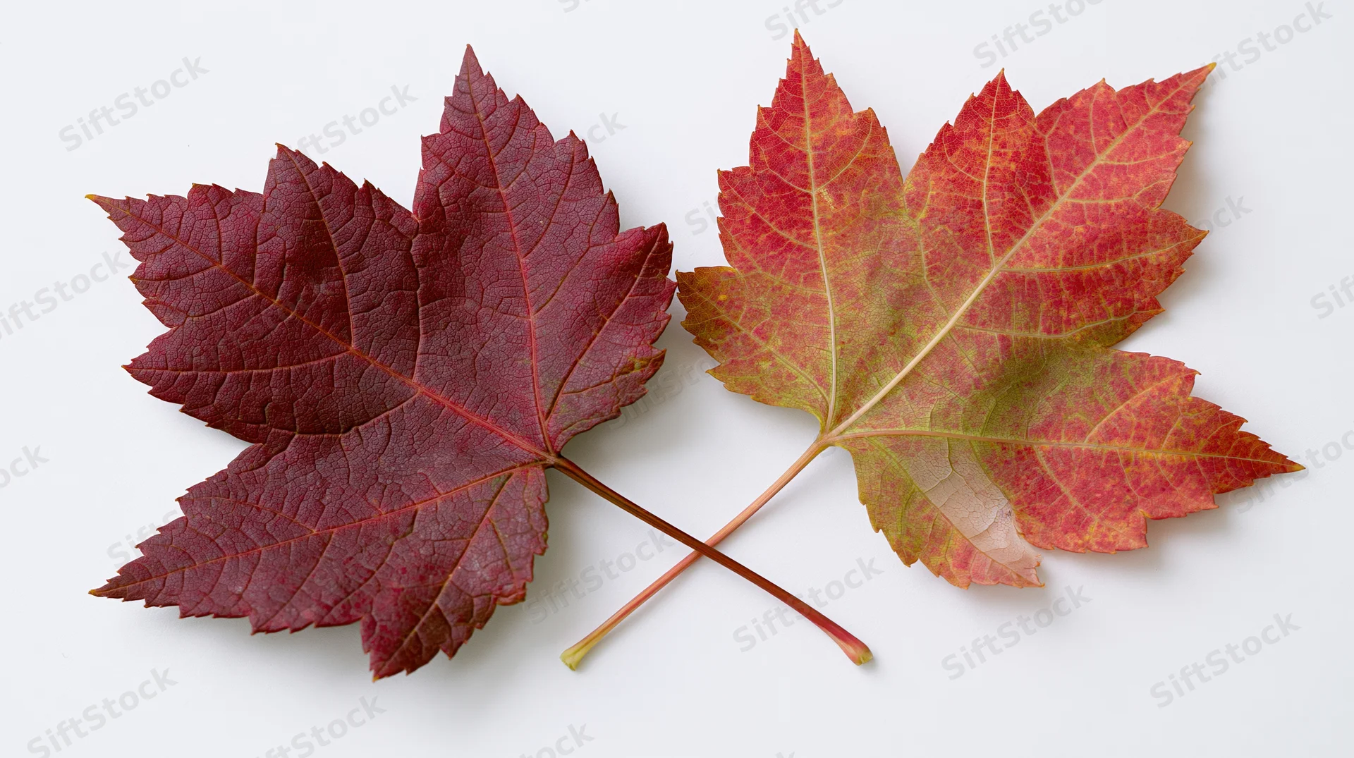 Two autumn maple leaves arranged side by side on a white background