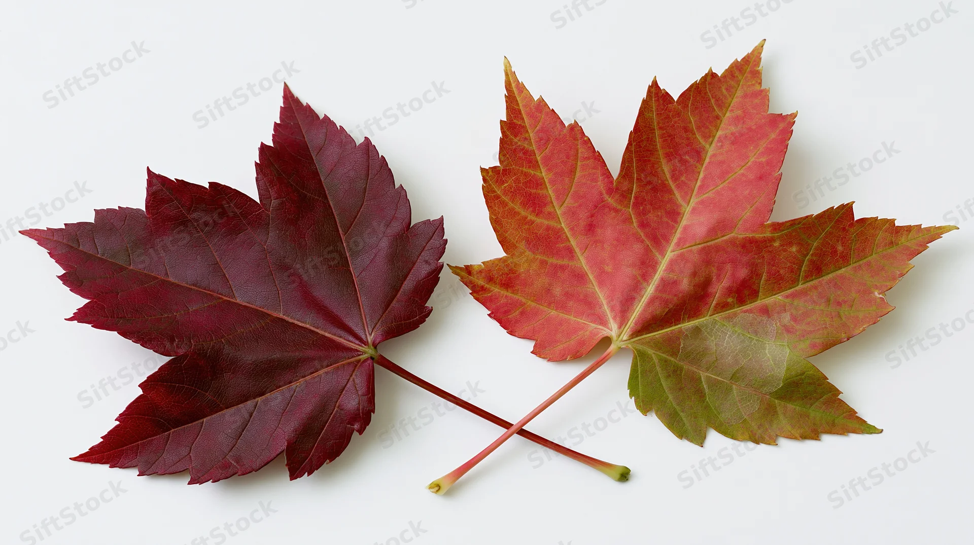 Two maple leaves in autumn colors arranged side by side on white background