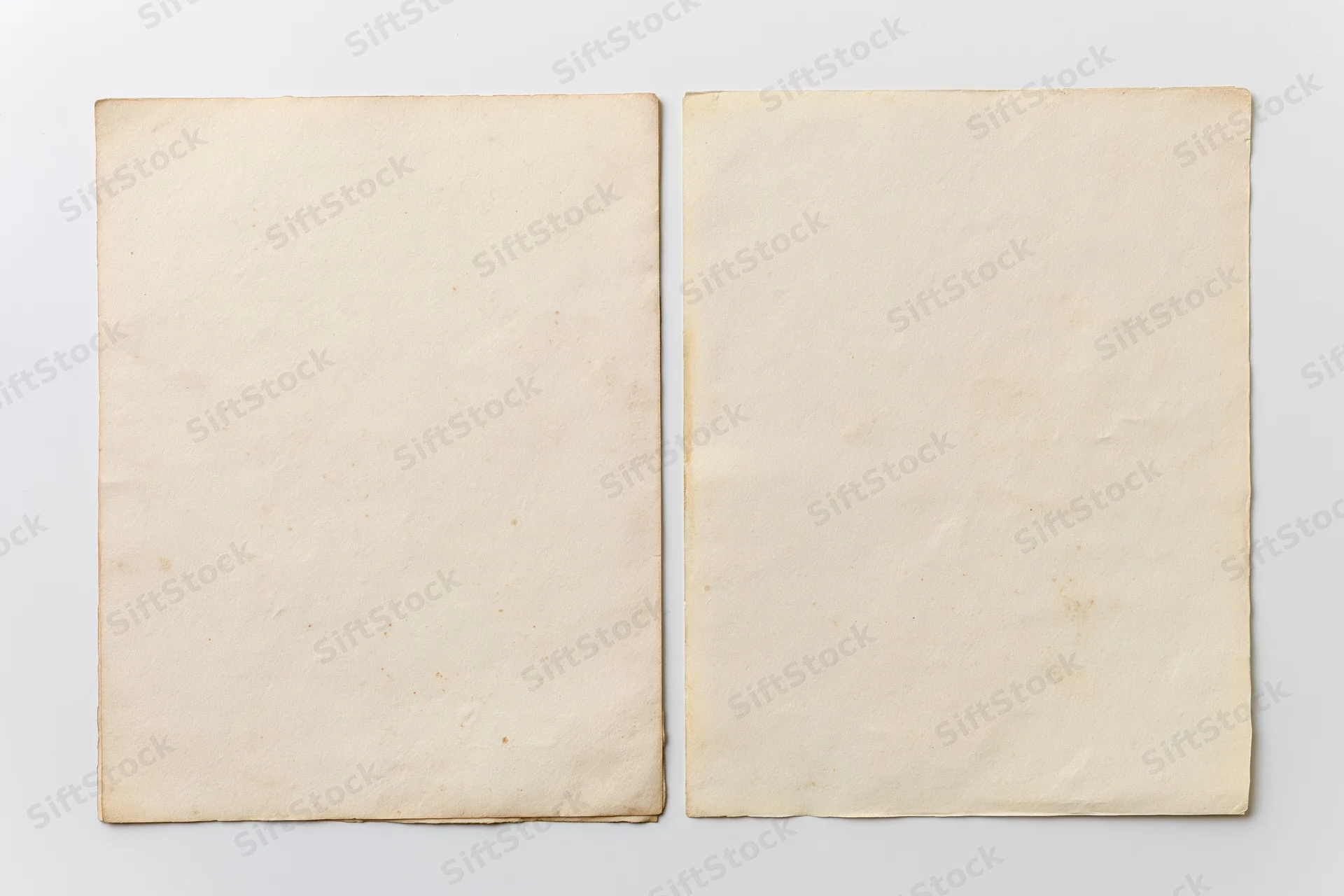 Two aged blank paper sheets laid flat side by side on white background